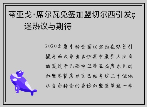 蒂亚戈·席尔瓦免签加盟切尔西引发球迷热议与期待 蒂亚戈·席尔瓦免签加盟切尔西引发球迷热议与期待